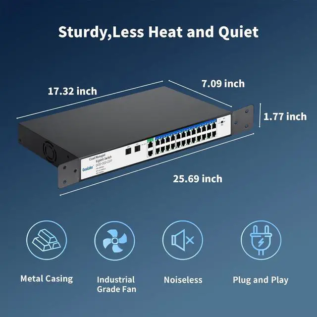 Alt view image 7 of 7 - 26 Port Gigabit Switch, Easy Smart Managed Ethernet Switch, Network Hub, Ethernet Splitter, Plug & Play, Industrial Grade Fan Metal Design, VLAN, Qos, Desktop or Wall Mount