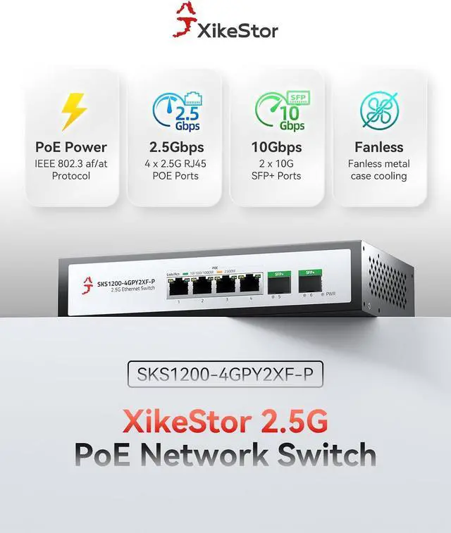 Alt view image 2 of 6 - 6-Port 2.5G Ethernet PoE+ Switch, 4X 2.5GBase-T PoE+ Ports, 2X 10Gbps SFP+, 75W IEEE802.3af/at Unmanaged 2.5Gb PoE Network Switch, Ethernet Hub, Metal Casing, Desktop/Wall-Mount