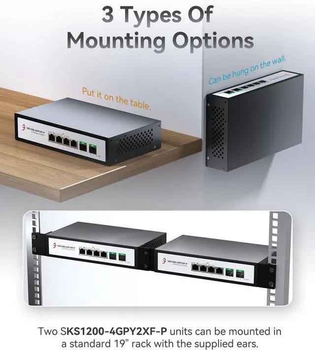 Alt view image 4 of 6 - 6-Port 2.5G Ethernet PoE+ Switch, 4X 2.5GBase-T PoE+ Ports, 2X 10Gbps SFP+, 75W IEEE802.3af/at Unmanaged 2.5Gb PoE Network Switch, Ethernet Hub, Metal Casing, Desktop/Wall-Mount