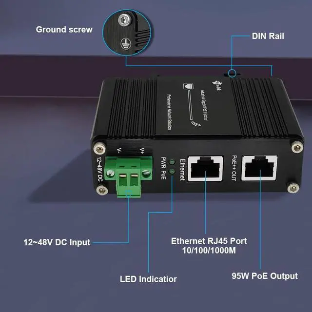 Alt view image 2 of 7 - Industrial Gigabit PoE++ Injector Hardened IEEE802.3at/bt 95W PoE Adapter with 12-48VDC Input DIN-Rail and Wall Mount