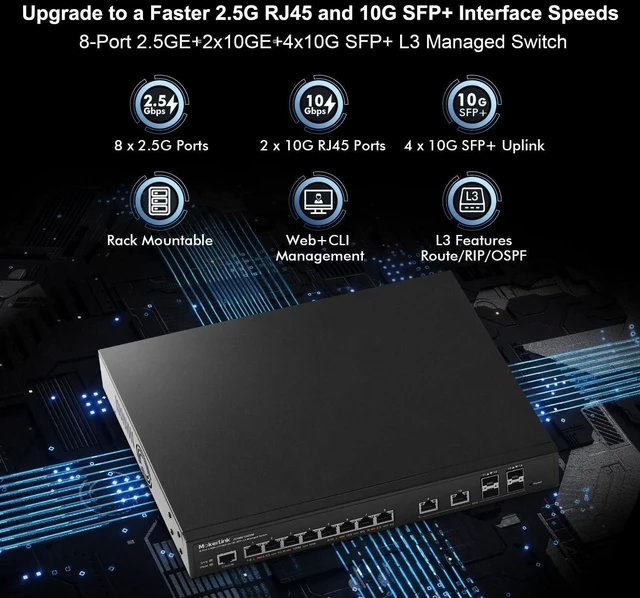 Alt view image 2 of 7 - MokerLink 8 Port 2.5 Gigabit Managed Switch, 2x10G Ethernet Ports, 4x10G SFP+ Ports, Web/CLI L3 Managed, Desktop