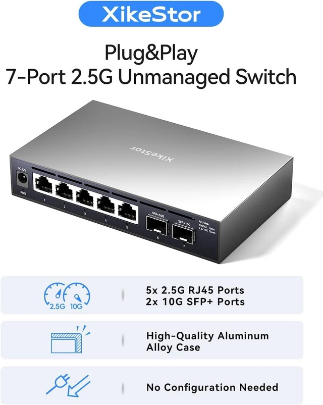 Alt view image 2 of 7 - 7 Port 2.5G Unmanaged Ethernet Switch with 2x10G SFP+ , 2.5 Gigabit Network Switch, 2.5Gb Ethernet Hub, Plug & Play, Metal Housing, Desktop/Wall-Mount