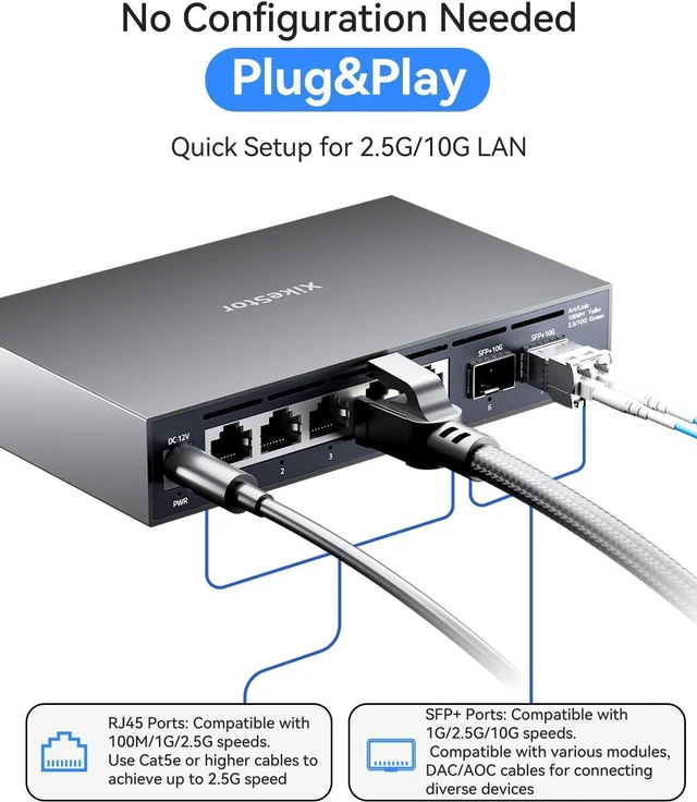 Alt view image 4 of 7 - 7 Port 2.5G Unmanaged Ethernet Switch with 2x10G SFP+ , 2.5 Gigabit Network Switch, 2.5Gb Ethernet Hub, Plug & Play, Metal Housing, Desktop/Wall-Mount