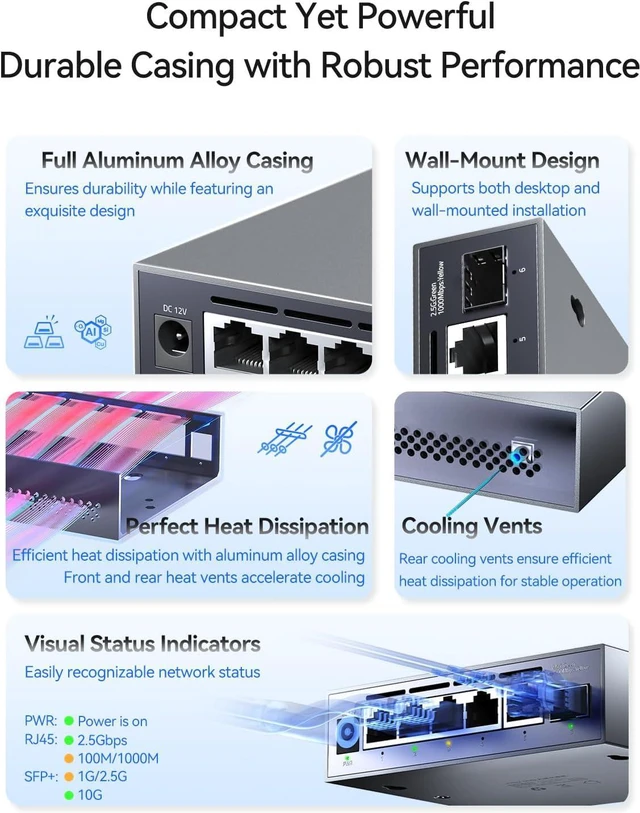 Alt view image 5 of 7 - 7 Port 2.5G Unmanaged Ethernet Switch with 2x10G SFP+ , 2.5 Gigabit Network Switch, 2.5Gb Ethernet Hub, Plug & Play, Metal Housing, Desktop/Wall-Mount