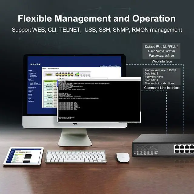 Alt view image 6 of 7 - MokerLink 24 Port Gigabit PoE Managed Switch with 4 x 10G SFP+ Uplink, 1 Console Port, 1 USB Port, L3 Smart Managed, Rackmount, DHCP QoS Vlan IGMP and Static Routing