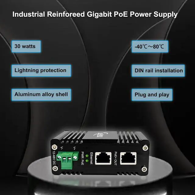 Alt view image 3 of 7 - Industrial Gigabit 30W PoE Injector IEEE802.3af/at 12~48VDC Redundant Power Input DIN-Rail 48V PoE+ Output Injector 10/100/1000Mbps Power Over Ethernet 40 to 80
