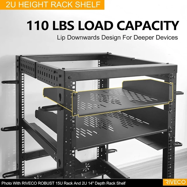 Alt view image 5 of 6 - 2 PCS 2U Rack Shelves 14 Inch Depth, Rack Mount Vented Cantilevers for Server 19" Server Racks & Network Cabinets Black
