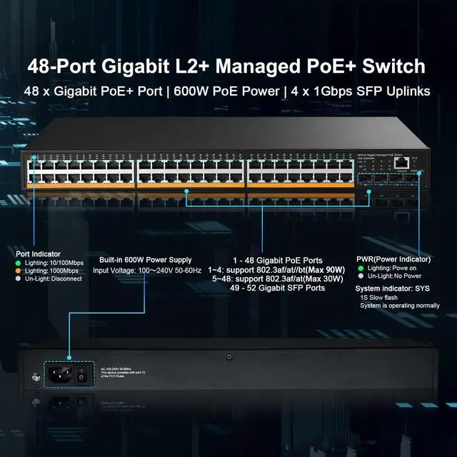 Alt view image 4 of 7 - 48 Port PoE Gigabit Managed Switch, 4x1G SFP, IEEE802.3af/at/bt 600W, VLAN/Qos/PoE/Security Web/Cli L2 Managed Rackmount Switch