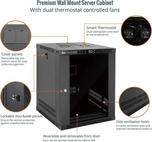 Alt view image 3 of 6 - Tecmojo 12U Wall Mount Rack with Thermostat, 17.7inch Depth Enclosed Server Cabinet with 2 Cooling Fans,Lockable Door & Hardware,12U Rack for 19inch Equipments,Glass Door
