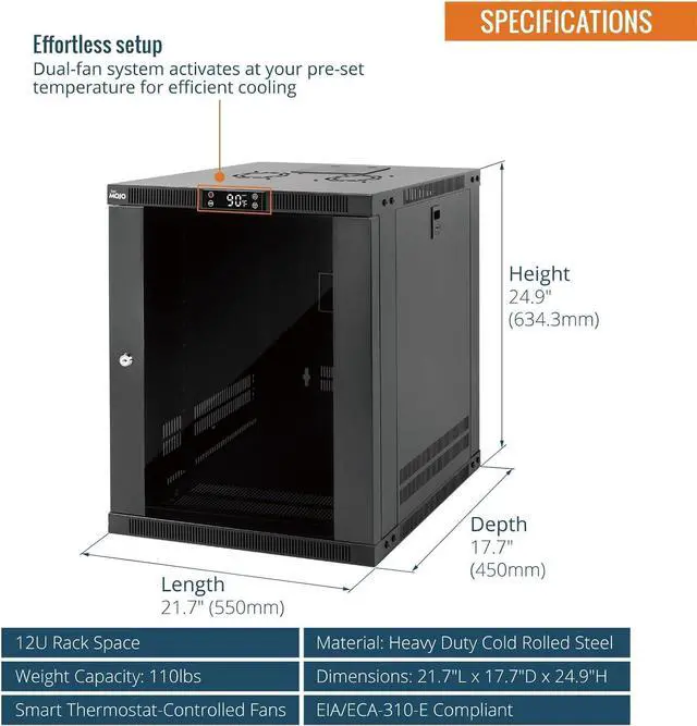 Alt view image 2 of 6 - Tecmojo 12U Wall Mount Rack with Thermostat, 17.7inch Depth Enclosed Server Cabinet with 2 Cooling Fans,Lockable Door & Hardware,12U Rack for 19inch Equipments,Glass Door