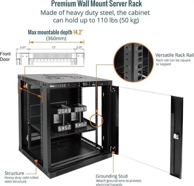 Alt view image 4 of 6 - Tecmojo 12U Wall Mount Rack with Thermostat, 17.7inch Depth Enclosed Server Cabinet with 2 Cooling Fans,Lockable Door & Hardware,12U Rack for 19inch Equipments,Glass Door