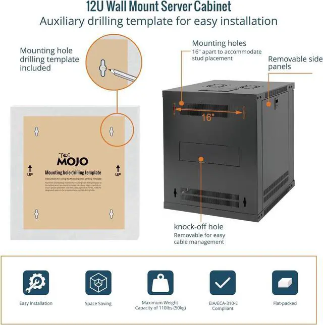 Alt view image 5 of 6 - Tecmojo 12U Wall Mount Rack with Thermostat, 17.7inch Depth Enclosed Server Cabinet with 2 Cooling Fans,Lockable Door & Hardware,12U Rack for 19inch Equipments,Glass Door