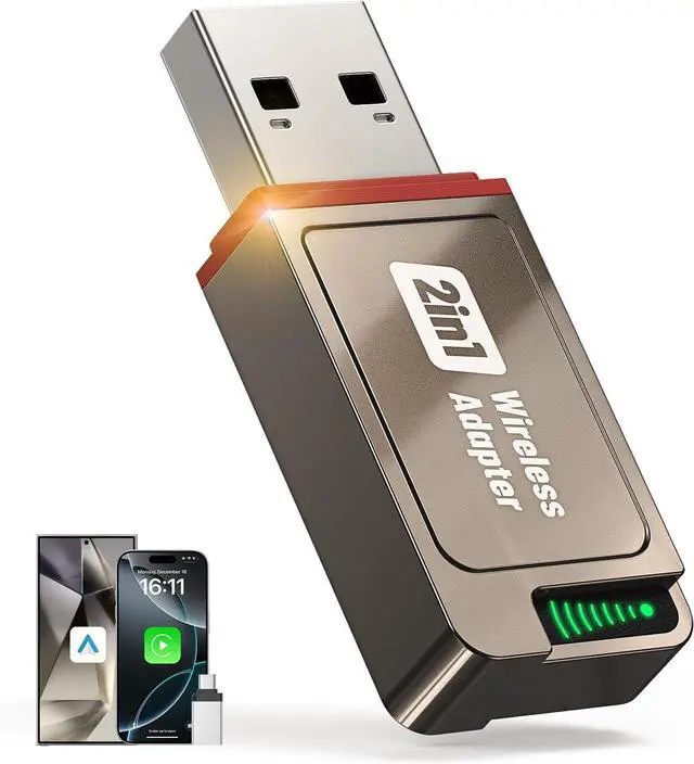 Main image of 2-in-1 Wireless CarPlay Adapter Support ap CarPlay & Android Auto, Mini Bluetooth USB A & USB C Dongle Convert Wired to Wireless Compatible with iPhone & Android