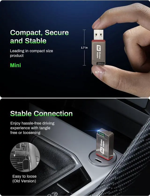 Alt view image 2 of 7 - 2-in-1 Wireless CarPlay Adapter Support ap CarPlay & Android Auto, Mini Bluetooth USB A & USB C Dongle Convert Wired to Wireless Compatible with iPhone & Android