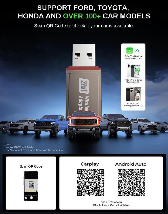 Alt view image 7 of 7 - 2-in-1 Wireless CarPlay Adapter Support ap CarPlay & Android Auto, Mini Bluetooth USB A & USB C Dongle Convert Wired to Wireless Compatible with iPhone & Android