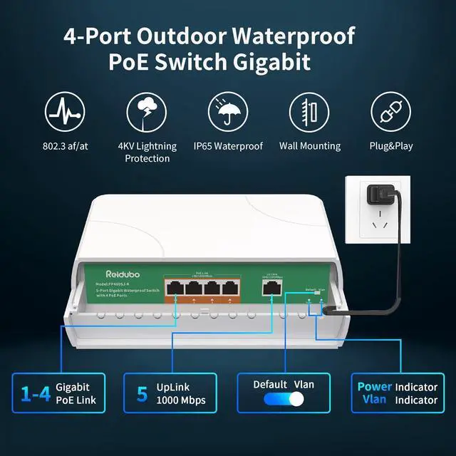Alt view image 7 of 7 - 4 Port & 8 Port Outdoor PoE Gigabit Switch, Plug & Play