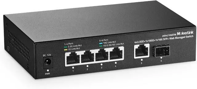 Main image of MokerLink 10G Easy Web Managed Switch, 4x2.5G, 1x10G RJ-45 Base-T, 1x10G SFP, Support LACP/VLAN/QOS/IGMP, Metal Web Managed Fanless Network Switch