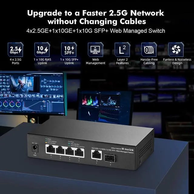Alt view image 2 of 7 - MokerLink 10G Easy Web Managed Switch, 4x2.5G, 1x10G RJ-45 Base-T, 1x10G SFP, Support LACP/VLAN/QOS/IGMP, Metal Web Managed Fanless Network Switch
