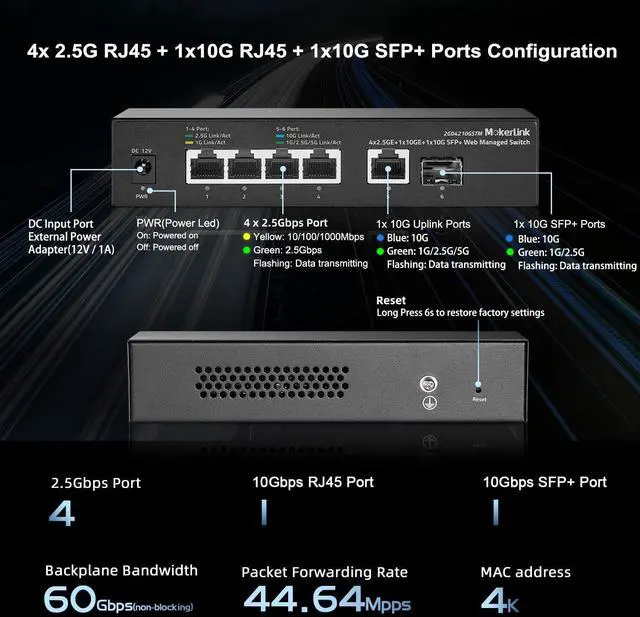 Alt view image 4 of 7 - MokerLink 10G Easy Web Managed Switch, 4x2.5G, 1x10G RJ-45 Base-T, 1x10G SFP, Support LACP/VLAN/QOS/IGMP, Metal Web Managed Fanless Network Switch