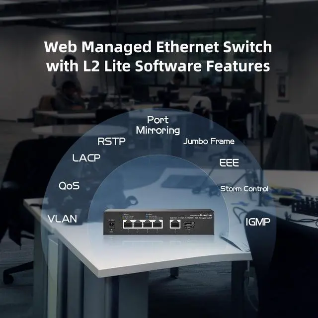 Alt view image 5 of 7 - MokerLink 10G Easy Web Managed Switch, 4x2.5G, 1x10G RJ-45 Base-T, 1x10G SFP, Support LACP/VLAN/QOS/IGMP, Metal Web Managed Fanless Network Switch