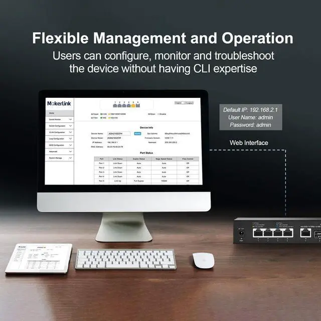 Alt view image 6 of 7 - MokerLink 10G Easy Web Managed Switch, 4x2.5G, 1x10G RJ-45 Base-T, 1x10G SFP, Support LACP/VLAN/QOS/IGMP, Metal Web Managed Fanless Network Switch