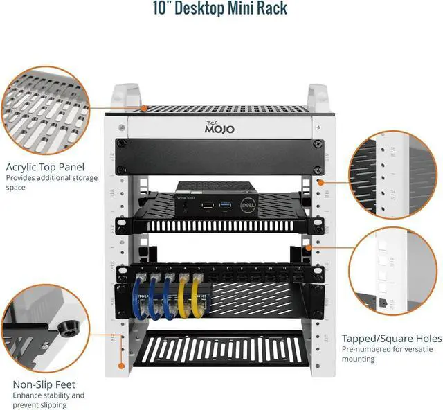 Alt view image 3 of 6 - Tecmojo 6U Network Rack, 10 inch Mini Server Rack with 2 Side Translucent Panels & 2 Top Handles, 7.87 inch Deep, for 10 inch IT Equipment & A/V Devices, White