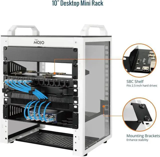 Alt view image 4 of 6 - Tecmojo 6U Network Rack, 10 inch Mini Server Rack with 2 Side Translucent Panels & 2 Top Handles, 7.87 inch Deep, for 10 inch IT Equipment & A/V Devices, White