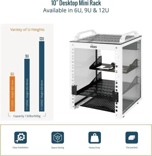 Alt view image 5 of 6 - Tecmojo 6U Network Rack, 10 inch Mini Server Rack with 2 Side Translucent Panels & 2 Top Handles, 7.87 inch Deep, for 10 inch IT Equipment & A/V Devices, White