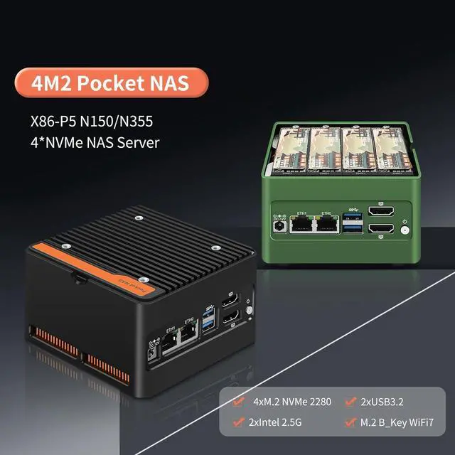 Alt view image 2 of 7 - 4 x NVMe Mini NAS Server, 4 Bay NAS N150 Pocket PC with Dual i226-V 2.5GbE LAN,Dual HDMI 2.0,USB3.2 Gen2,Support BT5.4/WiFi6/WiFi7 (Intel N150, NO RAM NO SSD)