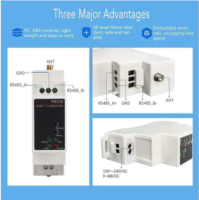 Alt view image 3 of 7 - Tyenaza WiFi Serial Server, IoT R485 to 2.4 and 5Ghz WiFi Dual Band Rail Mount Serial Converter 100 to 240V