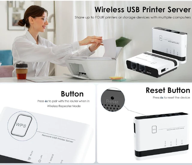 Alt view image 5 of 7 - Cuifati USB Printer Server with 2 Ports 10/100Mbps, Wired Wireless Network Print Server for Home Office 7 8 10 11 OS X (US Plug)