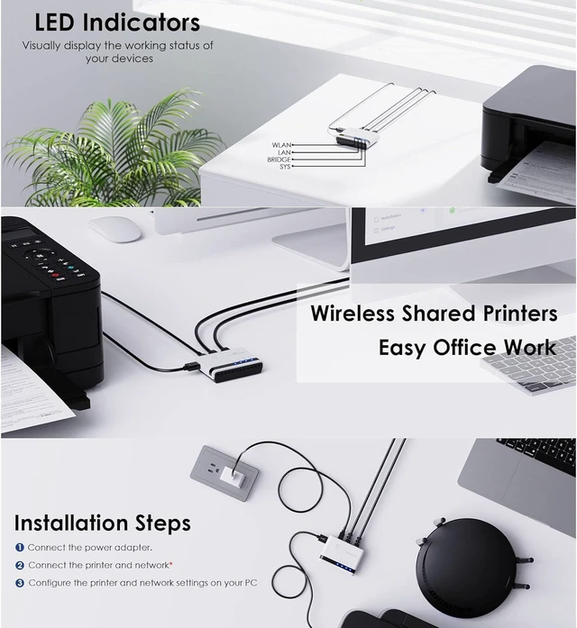 Alt view image 4 of 7 - Cuifati USB Printer Server with 2 Ports 10/100Mbps, Wired Wireless Network Print Server for Home Office 7 8 10 11 OS X (US Plug)