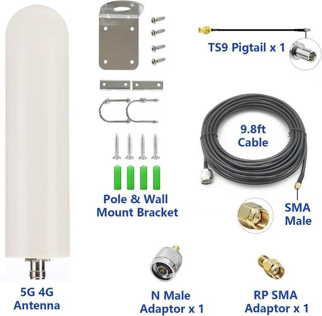 Alt view image 4 of 7 - 5G 4G LTE Outdoor Omni Antenna with 10ft Cable SMA Male & N Male TS9 RP Adaptor Wall & Mount Waterproof for Verizon ATT T-Mobile Sprint Router Gateway Modem Cellular Trail Camera Home WiFi Internet