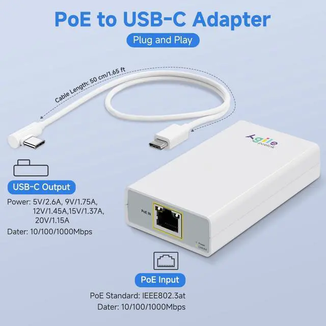 Alt view image 2 of 5 - Gigabit PoE to USB C Converter for Smart Phone/Tablet, USB-C to Ethernet Adapter with 23W Charging, Power & Data 2-in-1 RJ45 Port to Type-C Adapter, 10/100/1000Mbps High Speed Plug & Play,IEEE802.3at