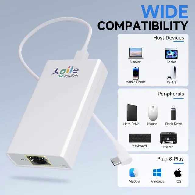 Alt view image 4 of 5 - Gigabit PoE to USB C Converter for Smart Phone/Tablet, USB-C to Ethernet Adapter with 23W Charging, Power & Data 2-in-1 RJ45 Port to Type-C Adapter, 10/100/1000Mbps High Speed Plug & Play,IEEE802.3at