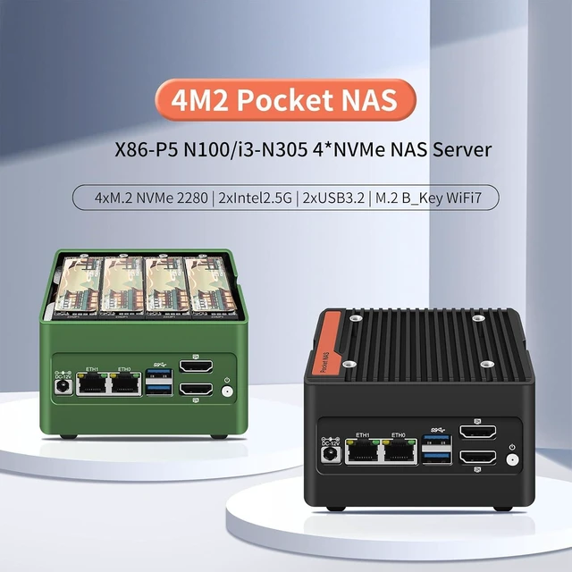 Alt view image 2 of 7 - 4 x NVMe Mini NAS Server, 4 Bay NAS i3-N305 Pocket PC with Dual i226-V 2.5GbE LAN,Dual HDMI 2.0,USB3.2 Gen2,Support BT5.4/WiFi6/WiFi7 (i3-N305, 8G RAM 128G SSD)