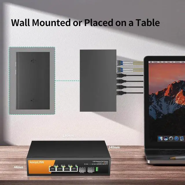 Alt view image 6 of 7 - 6 Port 2.5G PoE Switch Unmanaged, 4 x 2.5G Base-T PoE Ports @72W, 2 x 10G SFP, IEEE802.3af/at, Metal Housing Fanless Desktop or Wall Mount