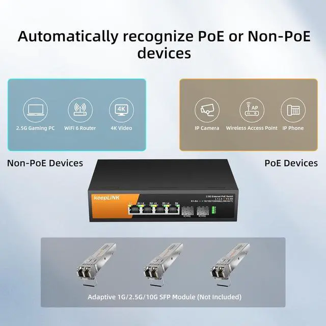 Alt view image 3 of 7 - 6 Port 2.5G PoE Switch Unmanaged, 4 x 2.5G Base-T PoE Ports @72W, 2 x 10G SFP, IEEE802.3af/at, Metal Housing Fanless Desktop or Wall Mount