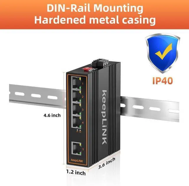 Alt view image 3 of 7 - 5 Port Industrial Gigabit Switch Unmanaged, Ethernet Din-Rail Switch, IP40 Operating Temperature Range of -30° 75°C (-22° 167°F)