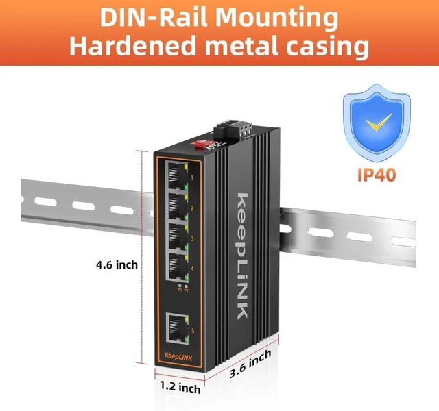 Alt view image 3 of 7 - 5 Port Gigabit Industrial PoE Switch Unmanaged, 125W Ethernet Din Rail Switch, IP40 Operating Temperature Range of -30° 75°C (-22° 167°F)