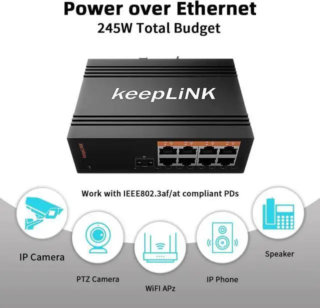 Alt view image 3 of 7 - 8 Port Industrial PoE Switch Unmanaged, Gigabit PoE Switch with 8 PoE+ Ports @245w, 1 SFP Slot, DIN Rail Hardened Network Switch, IP40