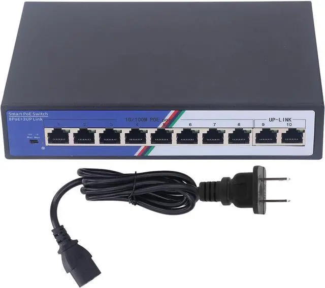 Main image of Unmanaged 10 Port PoE Network Switch with 2Gbps Switching Capacity, 8 Port 10 100 Base TX Power Over Ethernet and 2 Port Uplink, 4KV Protection, 100 to 240V US Plug