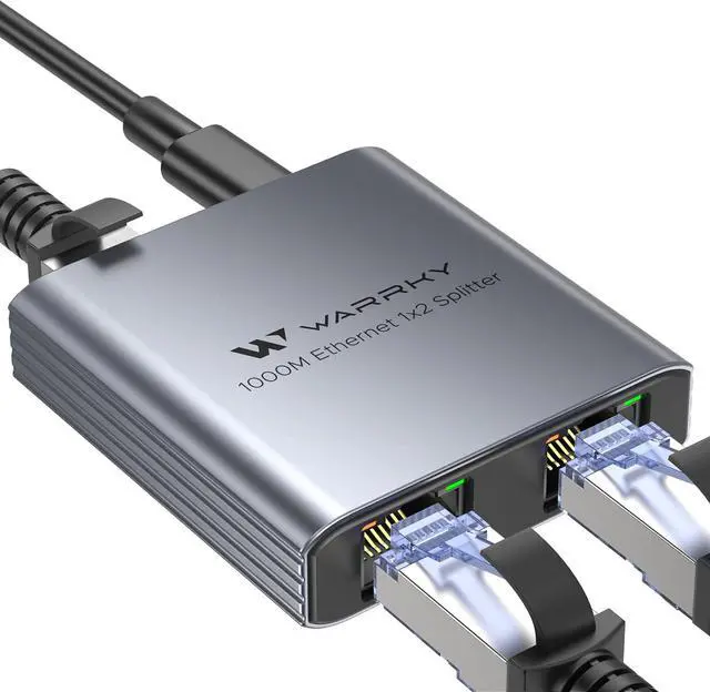 Main image of WARRKY Ethernet Splitter 1 to 2, 1000Mbps High Speed LAN Splitter, [0.55inch Ultra Slim, Integrally Molded Aluminum Case] Gigabit Ethernet Switch 2 port with USB-C Power Cable, for Cat5/5e/6/7/8 Cable