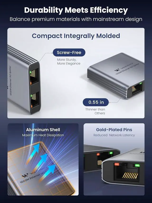 Alt view image 4 of 6 - WARRKY Ethernet Splitter 1 to 2, 1000Mbps High Speed LAN Splitter, [0.55inch Ultra Slim, Integrally Molded Aluminum Case] Gigabit Ethernet Switch 2 port with USB-C Power Cable, for Cat5/5e/6/7/8 Cable