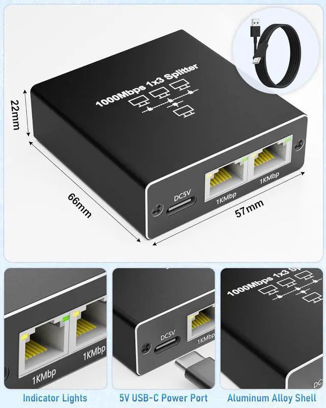 Alt view image 3 of 7 - Ethernet Cable Splitter 1 to 3, Gigabit LAN Switch 1000Mbps RJ45 High Speed 1000Mbps with USB C Power Cable for Cat5/5e/6/7/8 Compatible