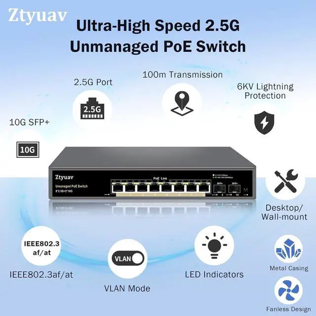 Alt view image 3 of 7 - 10 Port Unmanaged 2.5G PoE Switch with 8 x 2.5G PoE+ Ports @120W, 2 x 10G SFP+, IEEE802.3af/at Compliant, Ports Speed Auto-Negotiation, One-Key VLAN, Plug & Play, Fanless Metal Design