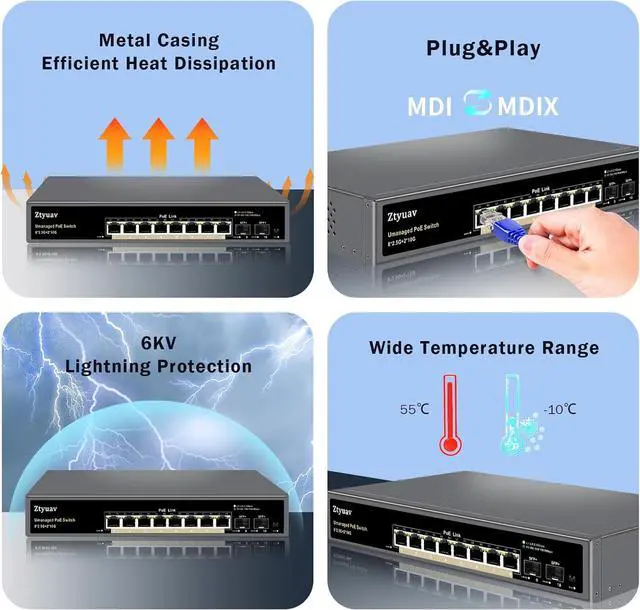 Alt view image 5 of 7 - 10 Port Unmanaged 2.5G PoE Switch with 8 x 2.5G PoE+ Ports @120W, 2 x 10G SFP+, IEEE802.3af/at Compliant, Ports Speed Auto-Negotiation, One-Key VLAN, Plug & Play, Fanless Metal Design