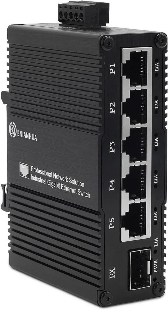 Main image of Mini Industrial 5 Port RJ45 10/100/1000BASE-T Ethernet Switch + 1 1000Base-X SFP Slot, Din Rail Mount or Wall Mounts, Support 9~56V DC Unmanaged Network Switch, 14Gbps Switching Capacity