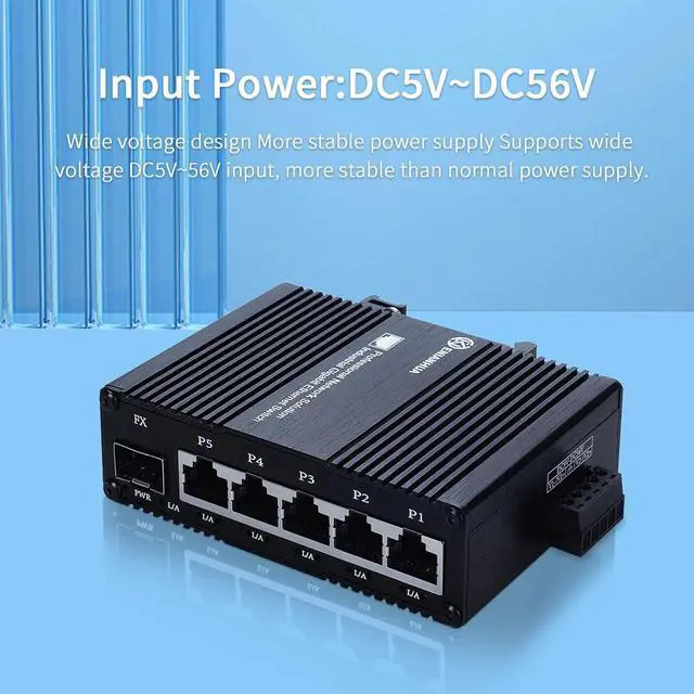 Alt view image 2 of 7 - Mini Industrial 5 Port RJ45 10/100/1000BASE-T Ethernet Switch + 1 1000Base-X SFP Slot, Din Rail Mount or Wall Mounts, Support 9~56V DC Unmanaged Network Switch, 14Gbps Switching Capacity