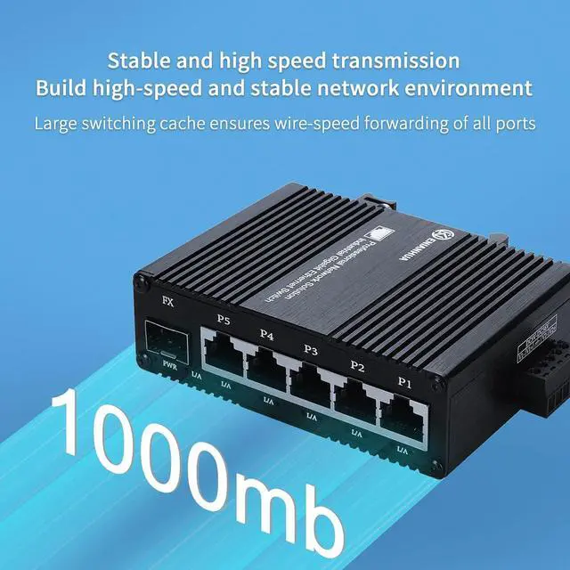 Alt view image 3 of 7 - Mini Industrial 5 Port RJ45 10/100/1000BASE-T Ethernet Switch + 1 1000Base-X SFP Slot, Din Rail Mount or Wall Mounts, Support 9~56V DC Unmanaged Network Switch, 14Gbps Switching Capacity